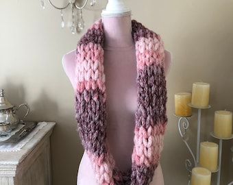 Hand knit pink infinity scarf, Hand knit fluffy infinity scarf in shades  of pink
