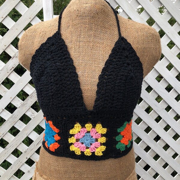 Crochet crop top (100% cotton) in black with multicolour details, hand knit granny square crop top