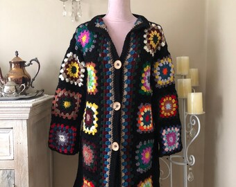 Multicolor granny square midi coat, Long granny square coat, Handmade granny-square coat, Crochet granny square coat