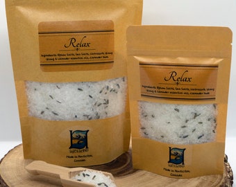 Relax Bath Salts - Lavender Blend, Pouch with Scoop, Made in Canada, Aromatherapy, Self Care Gift, All Natural, Essential Oils, Epsom Salt