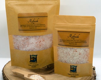Refresh Bath Salts - Peppermint-Orange Blend, Pouch with Scoop, Made in Canada, Aromatherapy, Self Care, All Natural, Essential Oils, Epsom