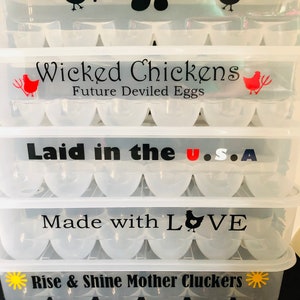 May include: A white plastic egg carton with black and red vinyl lettering. The text reads "FARM FRESH", "Wicked Chickens Future Deviled Eggs", "Laid in the U.S.A", "Made with LOVE", and "Rise & Shine Mother Cluckers".