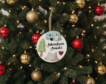 Personalized Camping and Outdoors Handmade Ornament for Somone who Loves Adventure, Adventure Awaits Personalized Gift, Trip Announcement