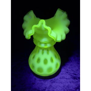 Fenton Yellow Opalescent Coin Dot Optic Uranium Vaseline Glass Ruffled Vase