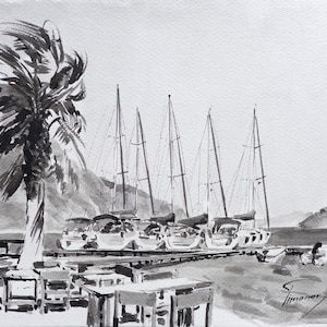 Schwarzes Aquarell OriginalGemälde Aquarell Original Aquarell Original Landschaft Aquarell Strand Meer Landschaft Yacht Gemälde
