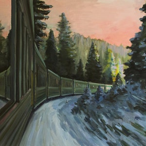 Christmas landscape,Christmas road art,Oil Painting,Original Painting,Forest road art,Winter road art,Winter landscape,Christmas train art
