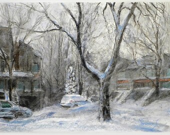 Frosted Pines Pastel Painting: Original Winter Landscape Art (12x9
