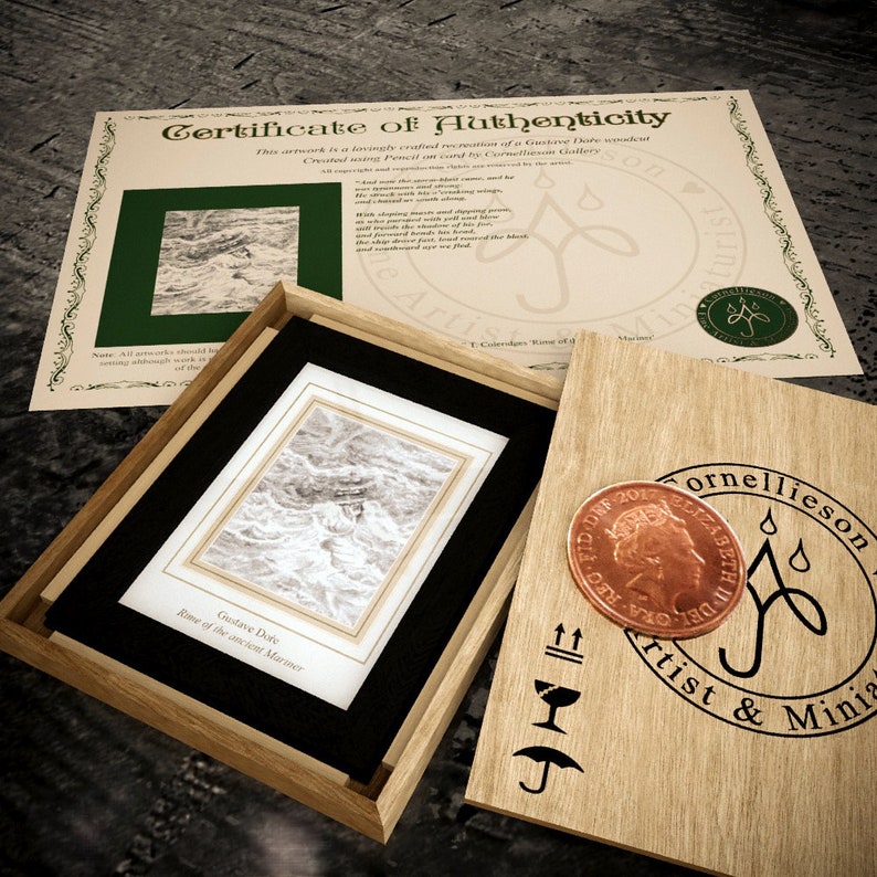 art shipping crate with certificate of authenticity Miniature drawing #04 after Gustave Dor\u00e9 Rime of the Ancient Mariner