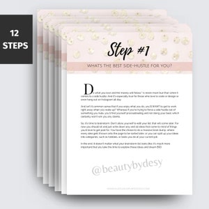 May include: A pink and white background with gold glitter dots. The text "Step #1" is in a black font. The text "What's the best side-hustle for you?" is in a black font. The text "Do what you love and the money will follow." is in a black font. The text "@beautybydesy" is in a black font. The text "www.hustleandpurposenyc.com" is in a black font.
