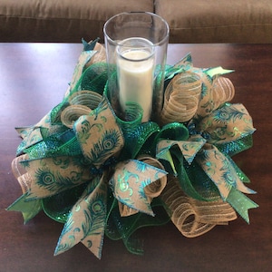 Peacock Centerpiece,Peacock Candle Holder Surround,Peacock Candle Surround,Peacock Party Decor,Peacock Decor,Blue Green Decor