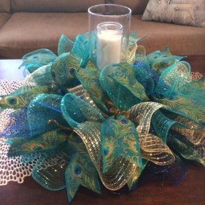 ON SALE Peacock Feather Mat Placemat or Centerpiece Decoration in