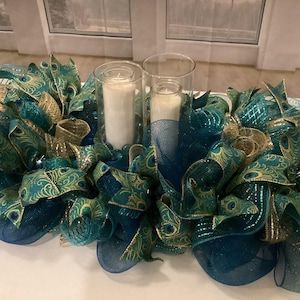 Peacock Centerpiece,Peacock Candle Surround,Peacock Candle Ring,Peacock Party Decor,Peacock Decor,Wedding Theme Table Setting, Peacock Swag