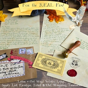 May include: A themed collection of stationery items, including letters, envelopes, a ticket, and a supply list. The set features a wax seal, stamps, and a decorative owl, all with a vintage aesthetic. The text "For the REAL Fan!" is displayed.