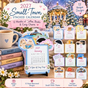 May include: A 2027 Small-Town stacked calendar featuring 12 months of coffee, books, and cozy charm. The set includes 12 unique hand-illustrated designs, a display easel stand, and a decorative header with floral accents and text.