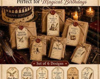 Étiquettes cadeaux imprimables École d'anniversaire magique avec hibou - Télécharger, imprimer et découper