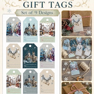 May include: Magical Holiday Gift Tags set of 9 designs. The tags feature illustrations of a snowy castle, a snowy owl, and a snowy village. The tags are shown on wrapped gifts with twine and scissors.
