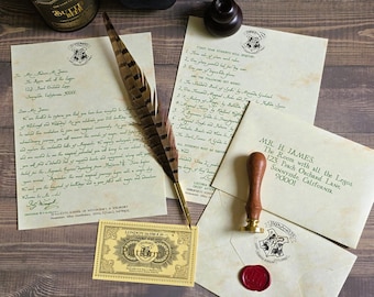 May include: A collection of parchment-style stationery including an acceptance letter, a list of required books, a train ticket to Platform 9 3/4, and an envelope with a red wax seal. A brown feather quill and a wooden wax seal stamp are included.