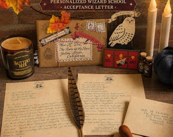 May include: A personalized wizard school acceptance letter set featuring parchment paper, a quill pen, a wax seal stamp, a brown envelope with Owl Post stamps, a candle labeled Buttery Beer, two LED candles, and a wooden owl cutout on a dark surface.