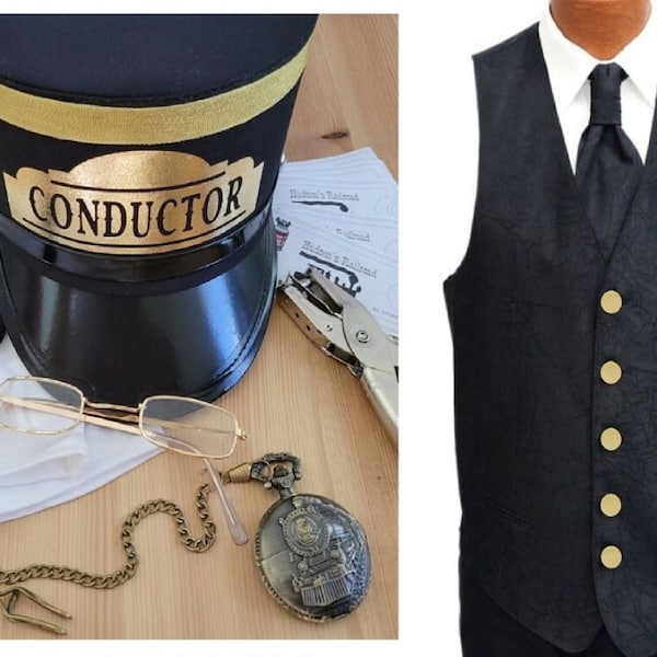 Train Conductor Costume Vest & Tie Hat Pocket Watch Eyeglasses Lapel Pin Supplies Railroad Engineer Old Fashioned Engineer Adults Polar