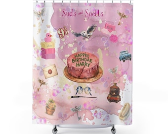 Rideau de douche rose personnalisé école de sorcier