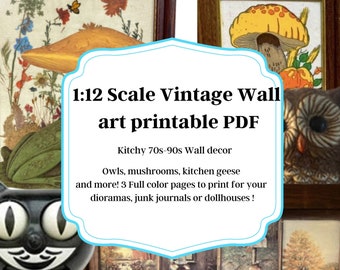 Casa de bonecas em escala 1:12/diorama/pdf para impressão em miniatura, download de arte vintage e decoração de parede, anos 50, 60, 70, arte de parede Kitch