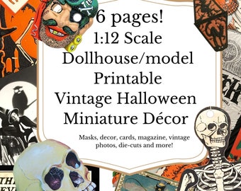 Vintage Halloween Printable Masks, Décor, photos and art  for 1:12 scale Dollhouse or Diorama , Instant Download PDF/PNG Digital