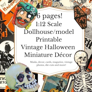 Vintage Halloween Printable Masks, Décor, photos and art  for 1:12 scale Dollhouse or Diorama , Instant Download PDF/PNG Digital