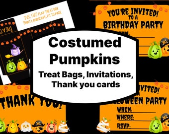 Cute Kawaii costumed pumpkins party set, instant download printable invitations, thank you cards, and treat bags