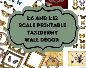 Miniatura de casa de bonecas em escala 1:12 para impressão em PDF de borboletas e morcegos taxidermia, com molduras para impressão