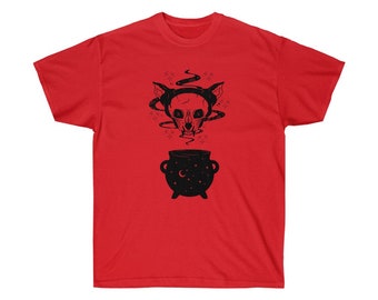 Cat skull cauldron witch, potion, spell occult,  t-shirt, men's, women's , unisex t-shirt