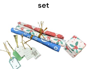 Miniature 1:12 gift wrap set, three rolls gift wrap, 5 tags and 1 small gift