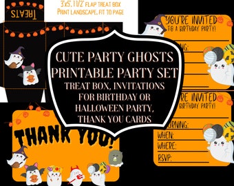 Cute Kawaii costumed ghosts party set, instant download printable invitations, thank you cards, and treat bags