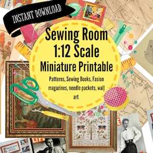Vintage Nähzimmer für 1:12 Maßstab Puppenhaus oder Diorama, Instant Download PDF / PNG Digital
