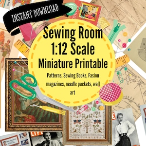 Vintage Sewing room printable for 1:12 scale Dollhouse or Diorama , Instant Download PDF/PNG Digital