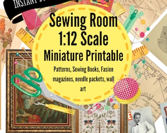 Vintage Sewing room printable for 1:12 scale Dollhouse or Diorama , Instant Download PDF/PNG Digital