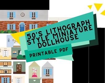 Réplica em miniatura de casa de bonecas de lata litográfica estilo anos 50 para impressão em arquivo PDF