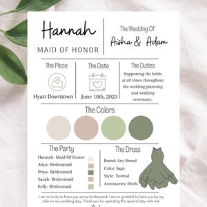 Bridesmaid Info Card Template, Bridal Party Info Card, Bridesmaid Maid of Honor Card, Bridesmaid Information Card, Minimalist Design
