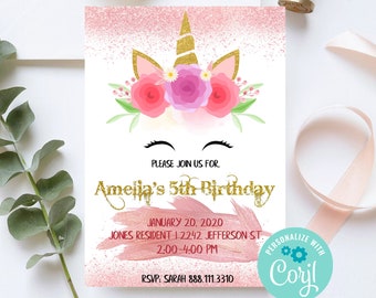 EDITABLE Invitation, Unicorn Invitation, Unicorn Birthday, Unicorn Invite, Unicorn Party, Birthday Invitation, Girl Birthday, Custom Invite