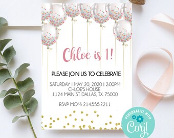 EDITABLE Invitation, 1st Birthday Invite, First Birthday, Little Girl Birthday, Custom Invitation, Balloon Invitation, Birthday Invite