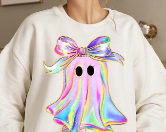 Iridescent Ghost Pumpkin PNG, Coquette Ghost Halloween PNG, Iridescent Ghost Coquette, Ghost PNG, Halloween Cute Ghost Sublimation Design