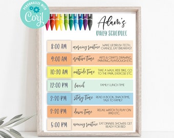 EDITABLE Home School Schedule, Daily Planner for Kids, Editable Daily Routine, Daily Routine Schedule, Crayon, Schedule for Boys, Rainbow