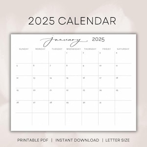 Calendario 2025, Planificador mensual 2025, Calendario mensual elegante, Calendario tamaño carta 2025 con inicio en domingo, Calendario PDF IMPRIMIBLE, Tablero de visión