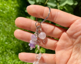 Porte-clés en cristal For your heart - Quartz rose - Quartz clair - Cristal améthyste - Bijou de sac