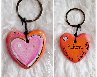 Keychain * hand-painted * heart * pink, orange, pink * 4 x 8 cm * in an organza bag * It's nice that you exist