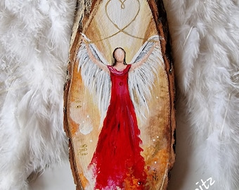 Angel painted on tree disc * heart * 33 x 12 x 3 cm