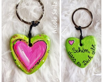 Keychain * hand-painted * heart * light green, pink * 4 x 8 cm * in an organza bag * It's nice that you exist