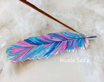 Incense stick holder * Feather * Handmade, hand painted * Blue, Pink, Purple