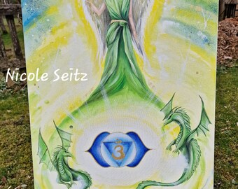 Canvas picture (original) * Archangel Raphael and the emerald dragons * Protector of the forehead chakra * 50 x 70 cm * Third eye