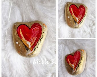 Heart stone * pocket stone * painted * gold-red * 3.7 x 4 x 1.5 cm * in an organza bag