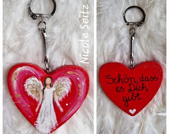 Key/bag pendant * Guardian angel * hand-painted * Heart * Red * It's nice that you exist